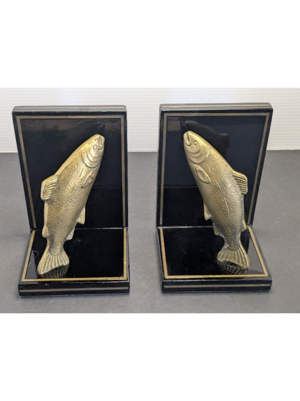 Pair Vtg. Black Lacquer Salmon Bookends Brass Plated Decorative Fish-Themed